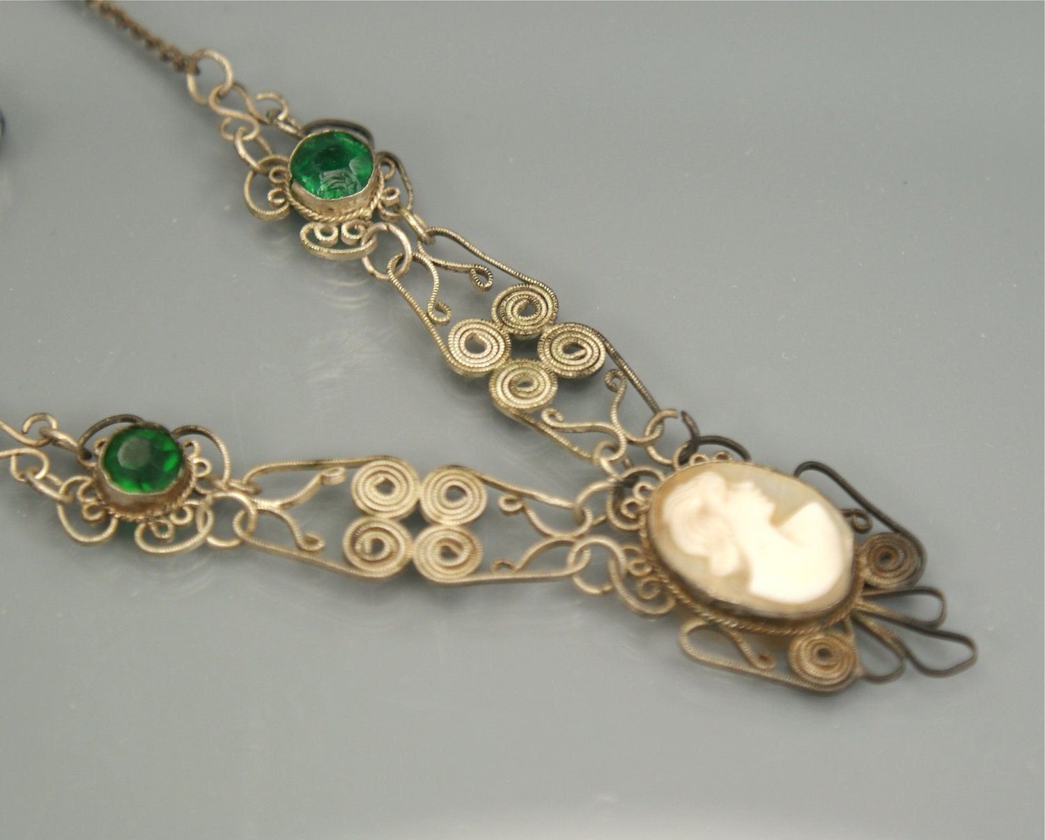 Art Deco Cameo Filigree Necklace . Filigree Green Glass .