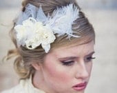 Feather and flower ivory wedding head piece, wedding hair accessories