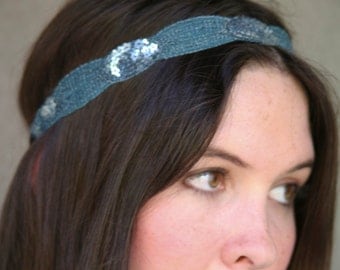 hippie tie headband in green and silver