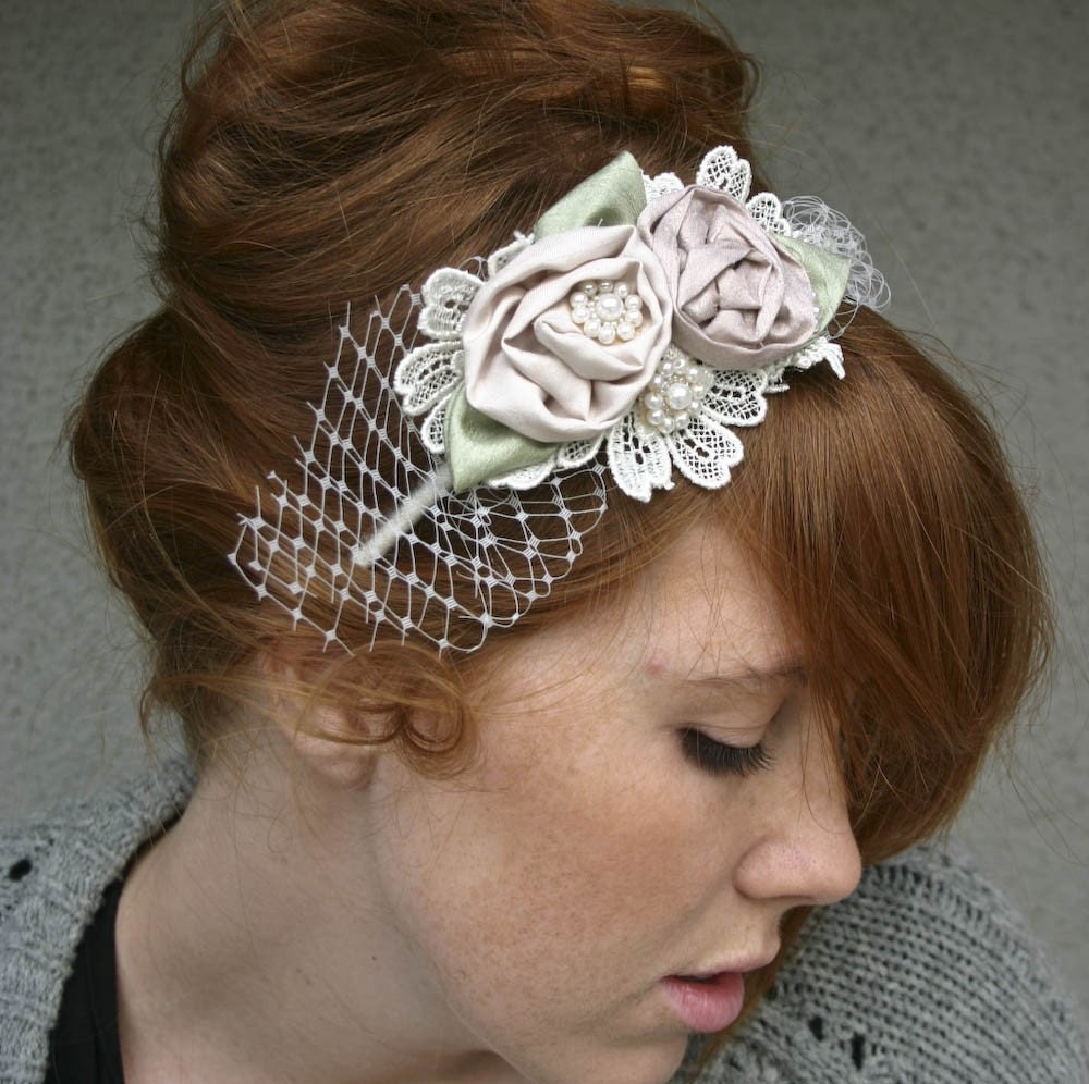 headbands for weddings, Rolled rose headband in pink and ivory with netting