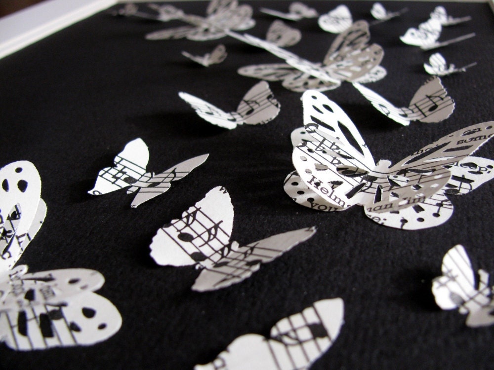 Fluttering Music Butterflies - 3D Butterfly Art. Black. White. Vintage. Music Lovers. 8X10 inches