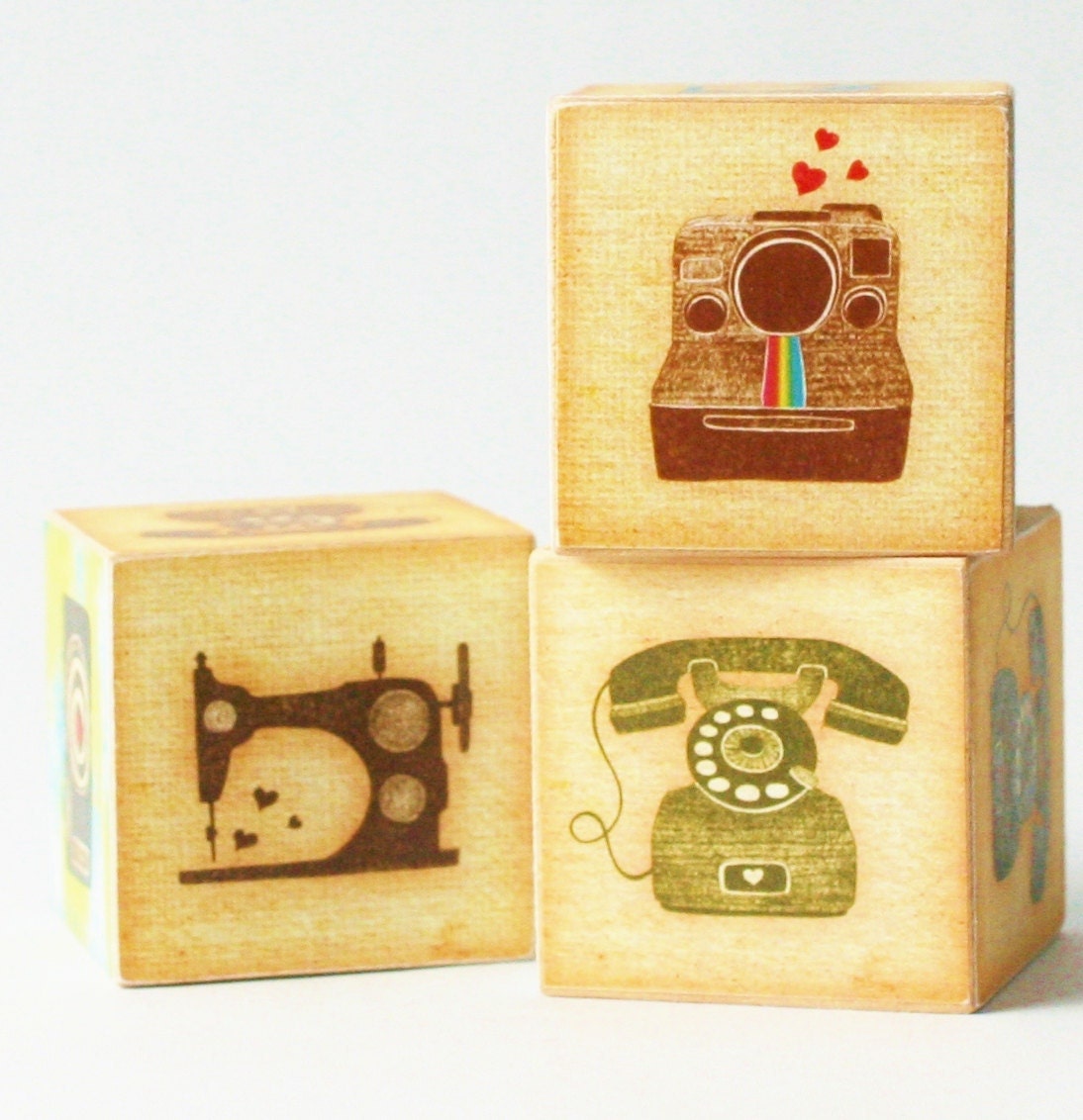 Vintage Love Wooden Blocks retro polaroid camera typewriter sewing machine vintage inspired decor