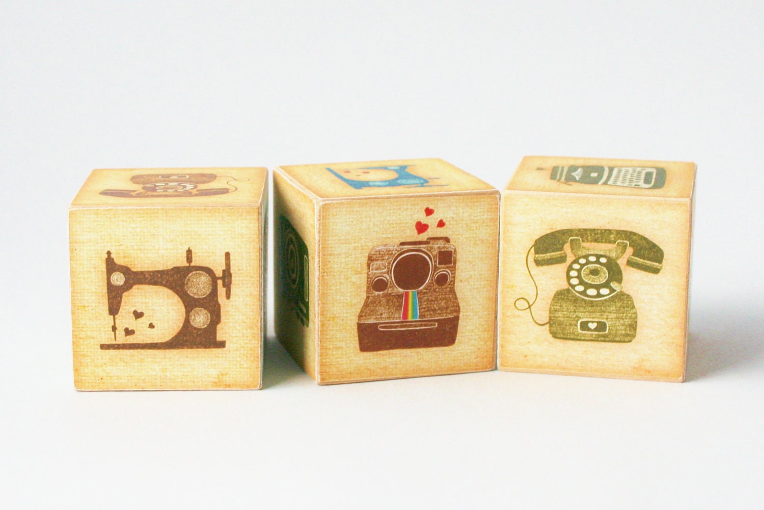 Vintage Love Wooden Blocks retro polaroid camera typewriter sewing machine vintage inspired decor