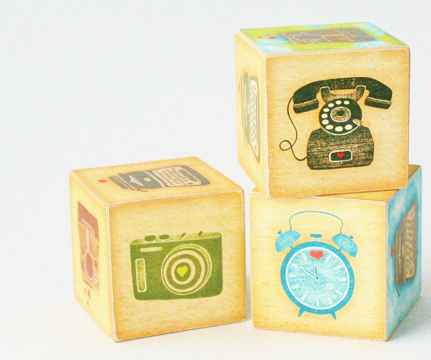 Vintage Love Wooden Blocks retro polaroid camera typewriter sewing machine vintage inspired decor
