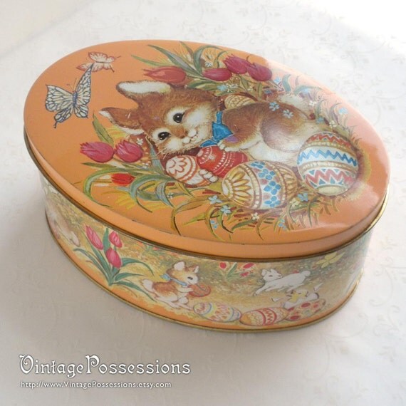 Vintage Cookie Tin Easter Egg Bunny Chicks by VintagePossessions