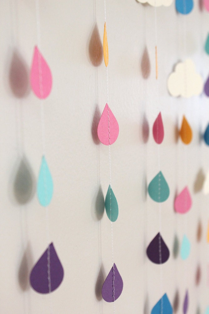 Rainbow Raindrops and Clouds Paper Garland - April Showers, Baby Showers, party decorations