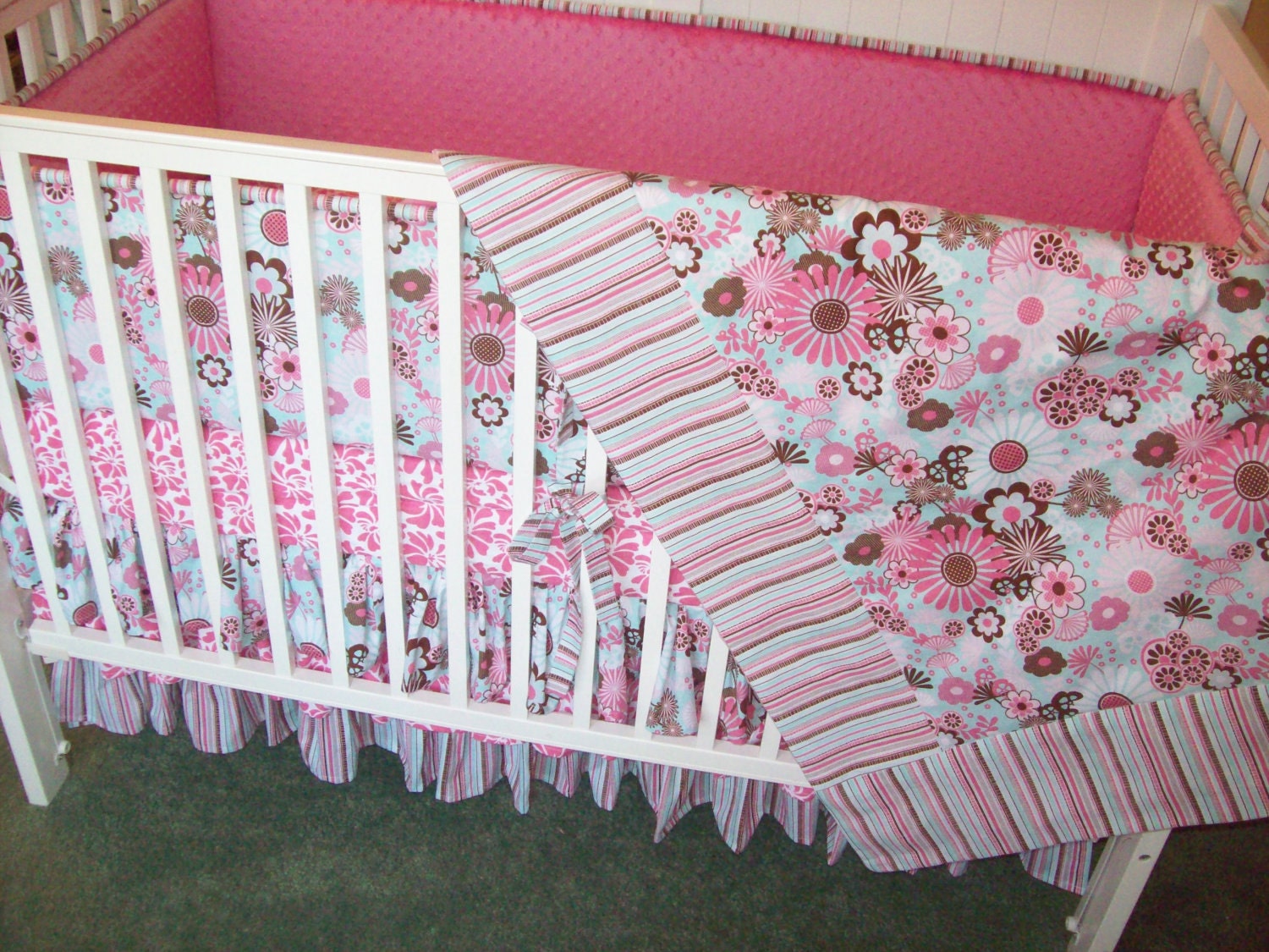 SALE Aqua and Pink Crib Bedding Set Ready to Ship