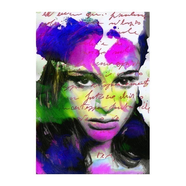 Portrait print illustration Fashion watercolor digital mixed media girl Fine Art Hand Signed ink original face girl 17/100