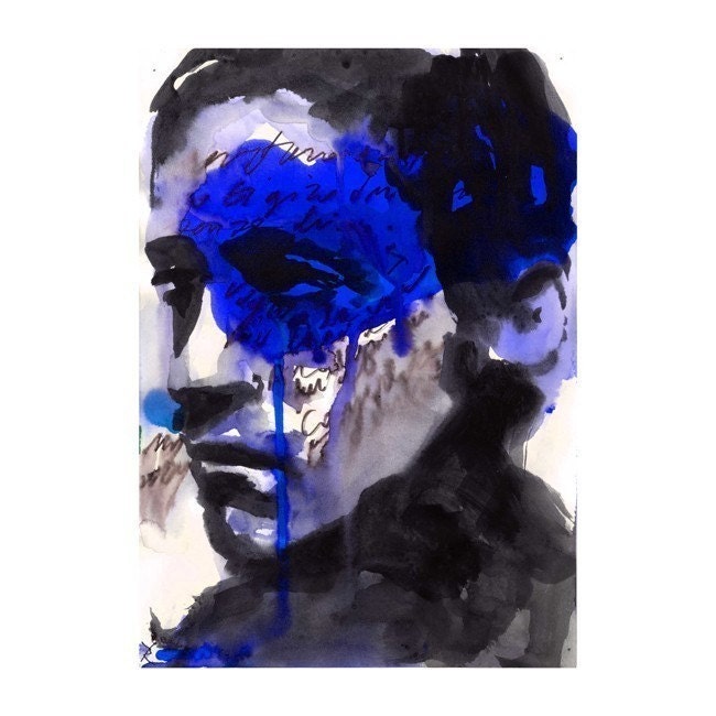Man Illustration fashion Portrait Print Drawing Fine Art Hand Signed ink original watercolor mixed media face mY bLUE wAy 14/100
