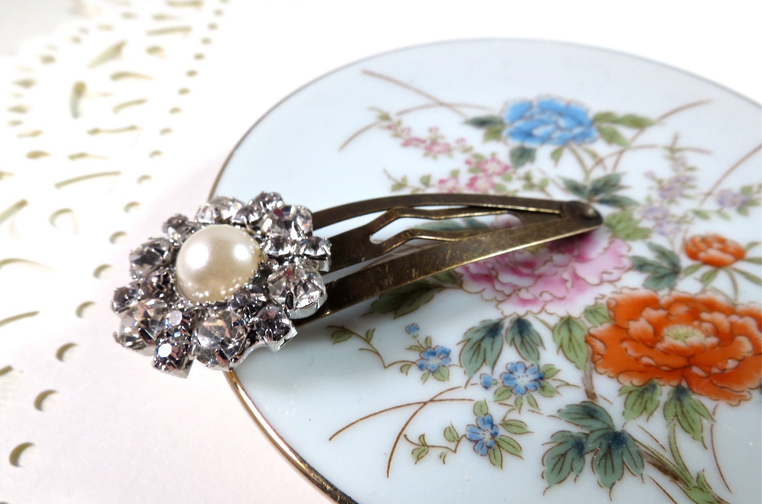 Pearl and Rhinestone Snap Barrette : bridal or formal hair accessory - Summer SALE 20% off