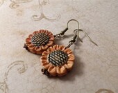 Carved Bone Orange and Navy Blue Sunflower Earrings : rustic boho accessories - Summer SALE 20% off