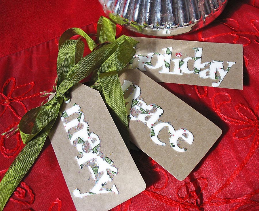 Christmas Holiday Fabric Merry Peace Glittered Gift Tags set of 3-hang tags-kraft-red-green-cream