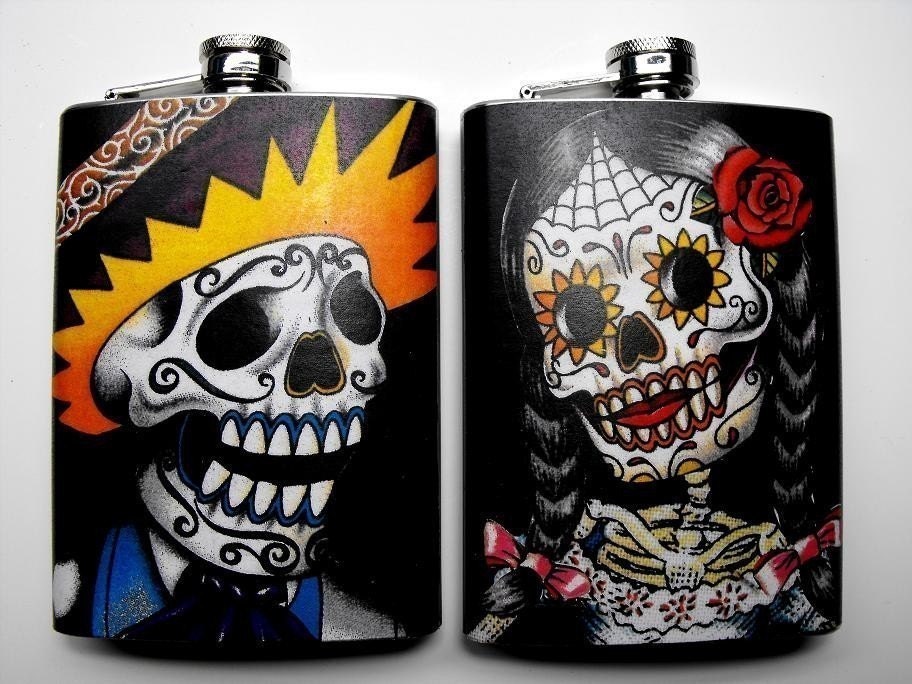 FD232, FD233 - Los Novios Decorated 8oz. Stainless Steel Flask SET OF 2