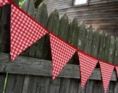 Red Gingham Party Banner for Kids' Birthdays, Playroom, Nursery Bunting -- fabric flags great for baby shower, picnic, Memorial Day