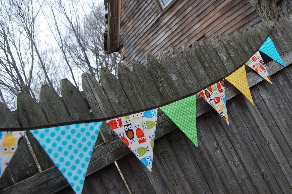 Owl Decor, Birthday Banner Party Decoration Bunting, Flags, Photo Prop, Boy's Nursery - brown, lime green, turquoise, aqua, orange fabric
