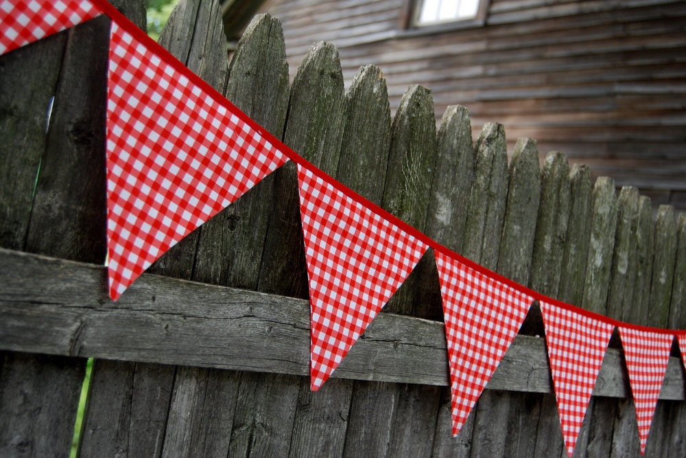 Red Gingham Party Banner for Kids' Birthdays, Nursery Bunting -- fabric flags, baby shower, picnic, backyard BBQ, bridal shower, wedding