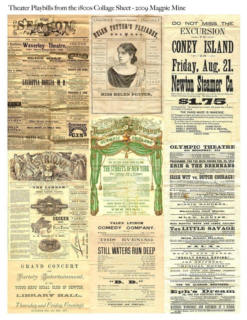 1800s Theater Playbills Collage Sheet - Backgrounds for Altered Art - Digital Download - Printable