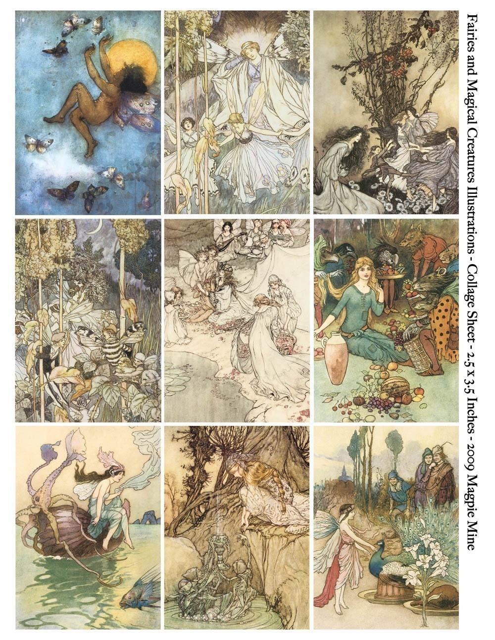 Fairies and Magical Creatures Collage Sheet - 2.5 x 3.5 Rectangles - Digital Download - Printable