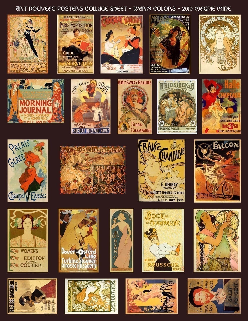 Items similar to Art Nouveau Posters Collage Sheet Warm Golden Colors