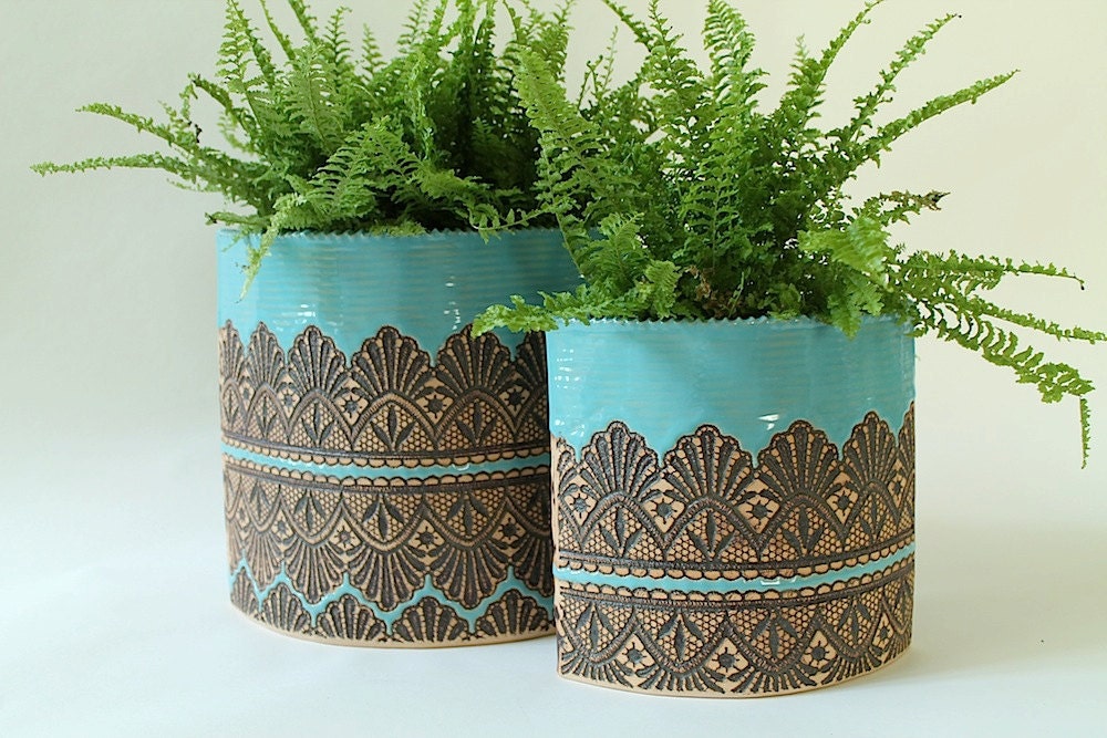 Made to Order: Handmade Moroccan Lace Porch Planter in Turquoise, Size Medium