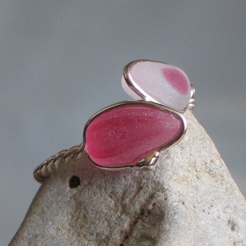 Natural Sea Glass Sterling Silver Ring Rare Pink Multicolor US 10 1/2 (387)