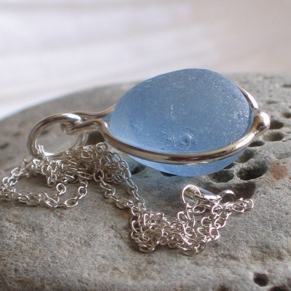 Natural Sea Glass Sterling Silver Pendant Necklace Rare Soft Sky Blue Wisp (408)