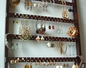 Jewelry Holder, Gorgeous Dark Mahogany, Oak, Hanging, Wood Holder, 90-180 Pairs of Earrings, 7 Peg Jewelry Necklace Bar Rack, Ready To Ship
