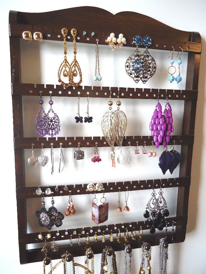 JEWELRY Organizer, EARRING Holder, Boutique Quality & Design, Oak, Wood, Cocoa Brown, 90-180 Pairs, 7 Pegs, Ships 11/9