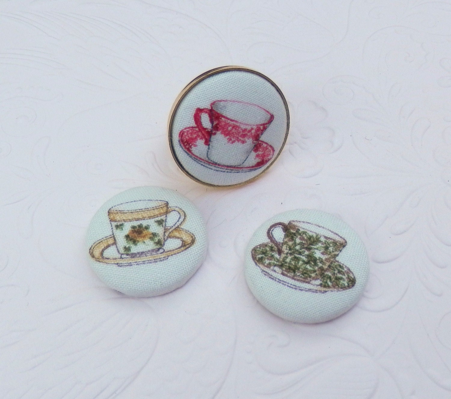 Interchangeable fabric button ring - Tea cups