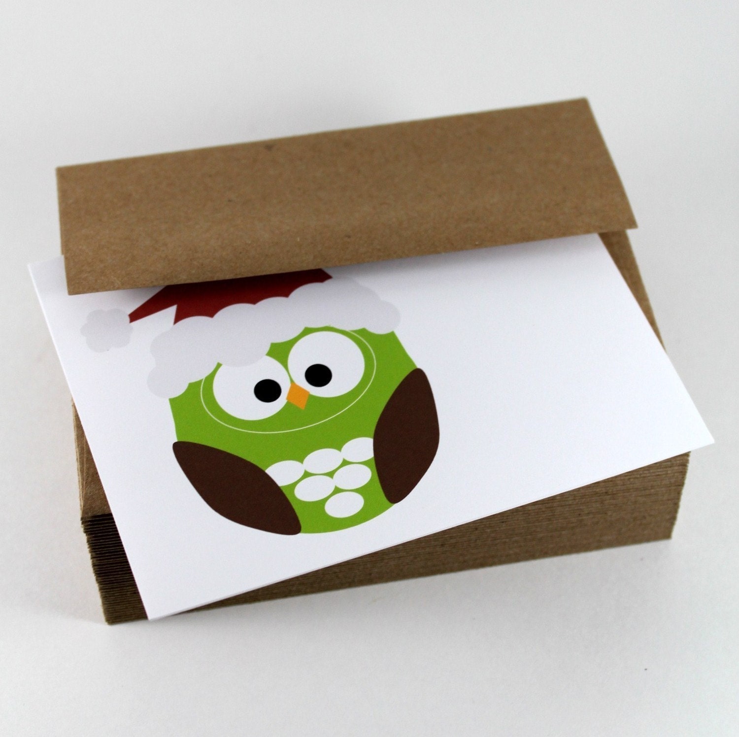 Christmas Owl Greeting Cards, Christmas Cards, Christmas Stationery, Santa Hats, Holiday Greetings, CIJ - set of 8