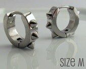Mens Spike Earrings Silver Huggie Hoop - Ear Cartilage Piercing - For Guy Cyber Corp Gothic Punk Rocker - Stainless Steel - Medium no.157