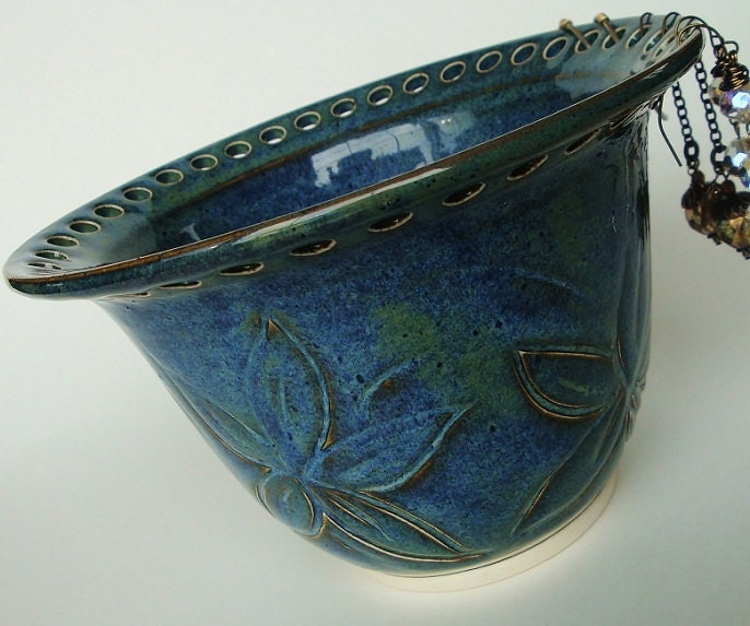 Mother's Day Sale - Jewelry bowl, Earring bowl, ceramic jewelry holder. Handcarved flowers in deep ocean blue, denim blue glaze