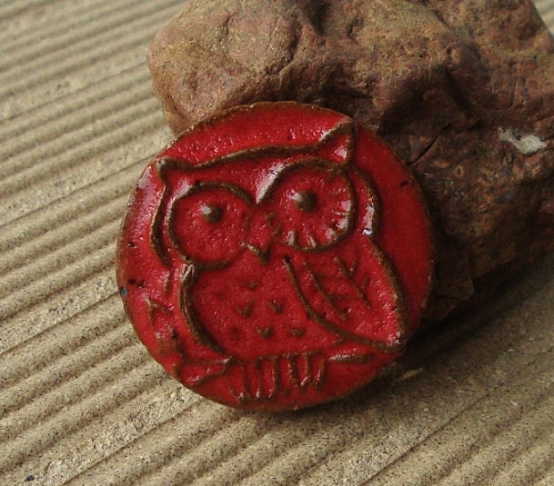 Lil Red Owl stoneware clay cabachon in wagon red, handmade focal cabachon or turn it into a pendant