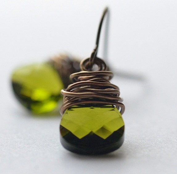 Earrings, Briolette Tears in Olive - Exquisitely Faceted Swarovski Crystal, wire wrapped in Warm Antique Brass, jewlery
