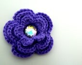 Gemmed Flower Barrette: Great large clip on crocheted 3.5 inch flower with bling (choose flower and rhinestone color and hair hardware part)