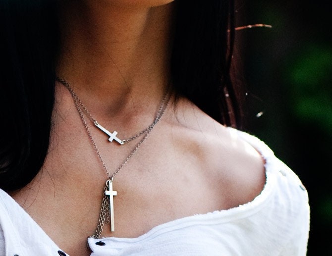 Mini Sideways Cross Necklace- Recycled Sterling Silver