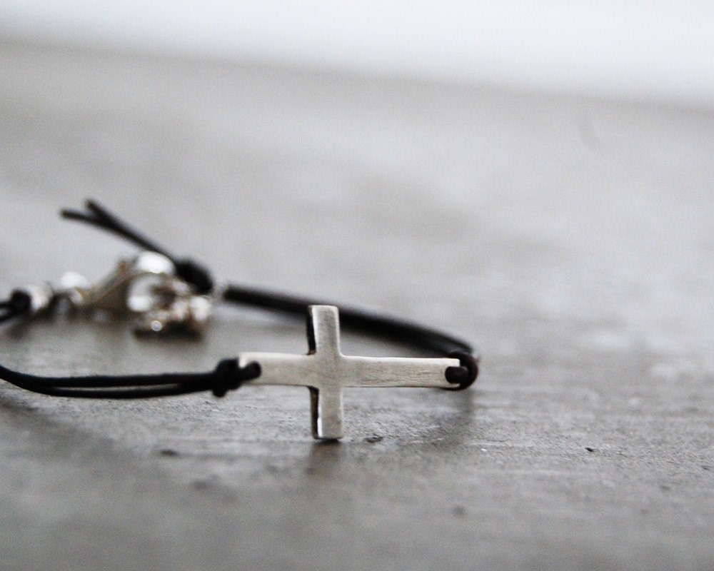 Rough Cut Mini Sideways Leather Cross Bracelet