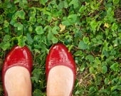 Little Red Shoes - 5 X 7 Photography Photo Art Print - Red Shoes Clover Grass Red Green Fashion