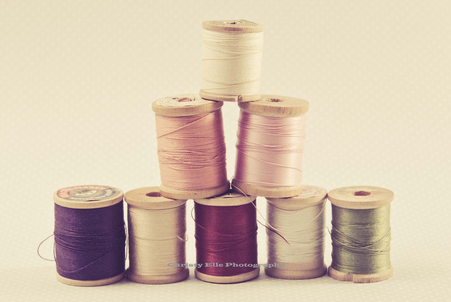 Pyramid of Wooden Spools of Thread Photo - 5 X 7 Photography Print - Photo Craft Sew Vintage Shabby Chic Home Decor Pink Soft