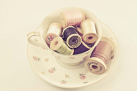 Wooden Spools in Teacup - 5 X 7 Photography Print -  Spool Sew Sewing Craft Romantic Vintage Soft Creamy Pink