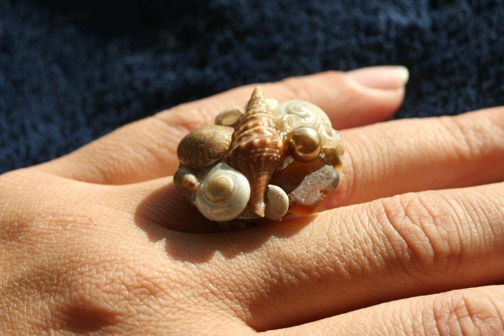 Amber Brown Mermaid's Treasure Ring: Genuine SEASHELLS and SEAGLASS