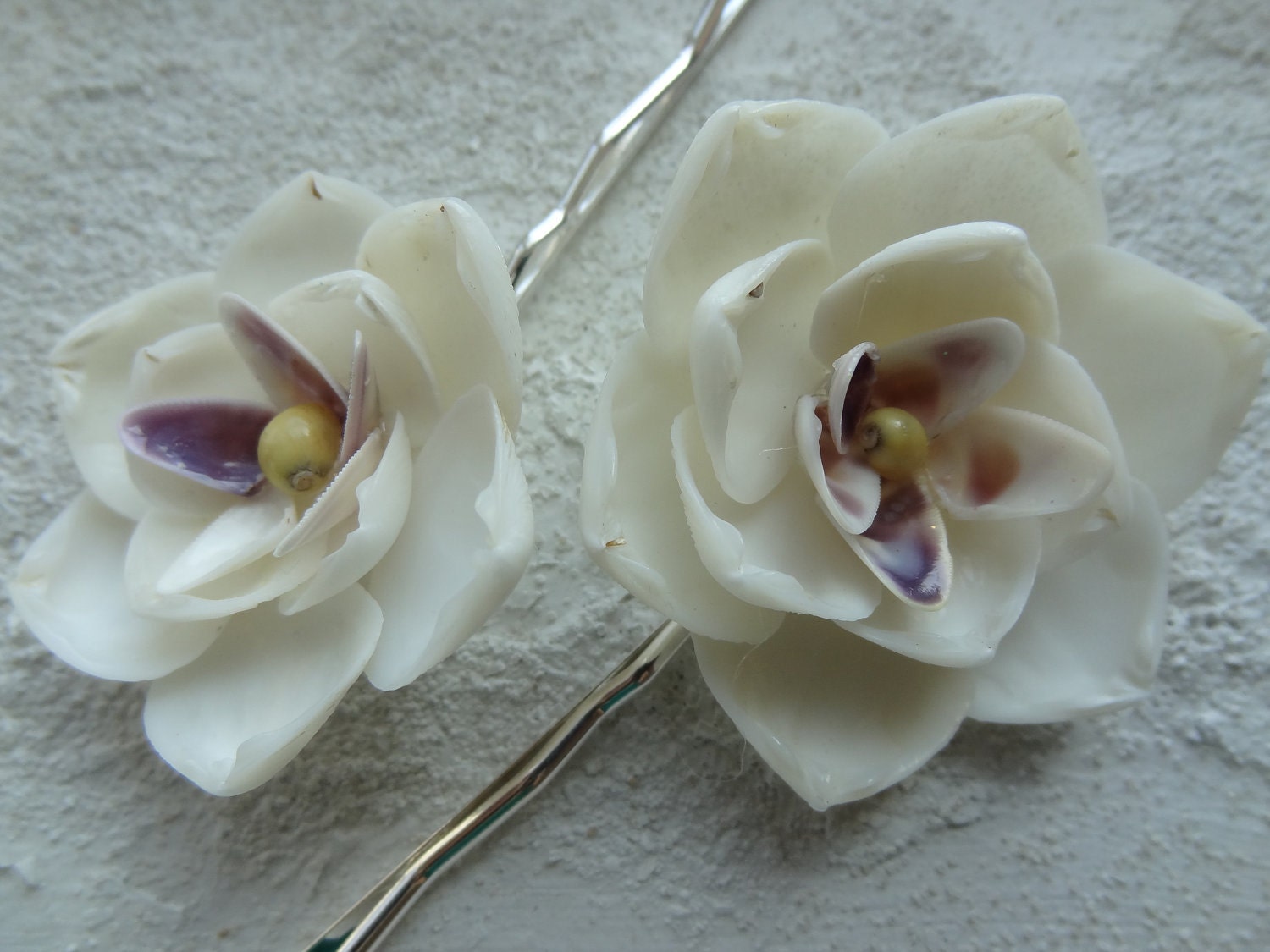 SHELL Hair Flowers: 2 Blossoms made with genuine White, Purple & Yellow Seashells