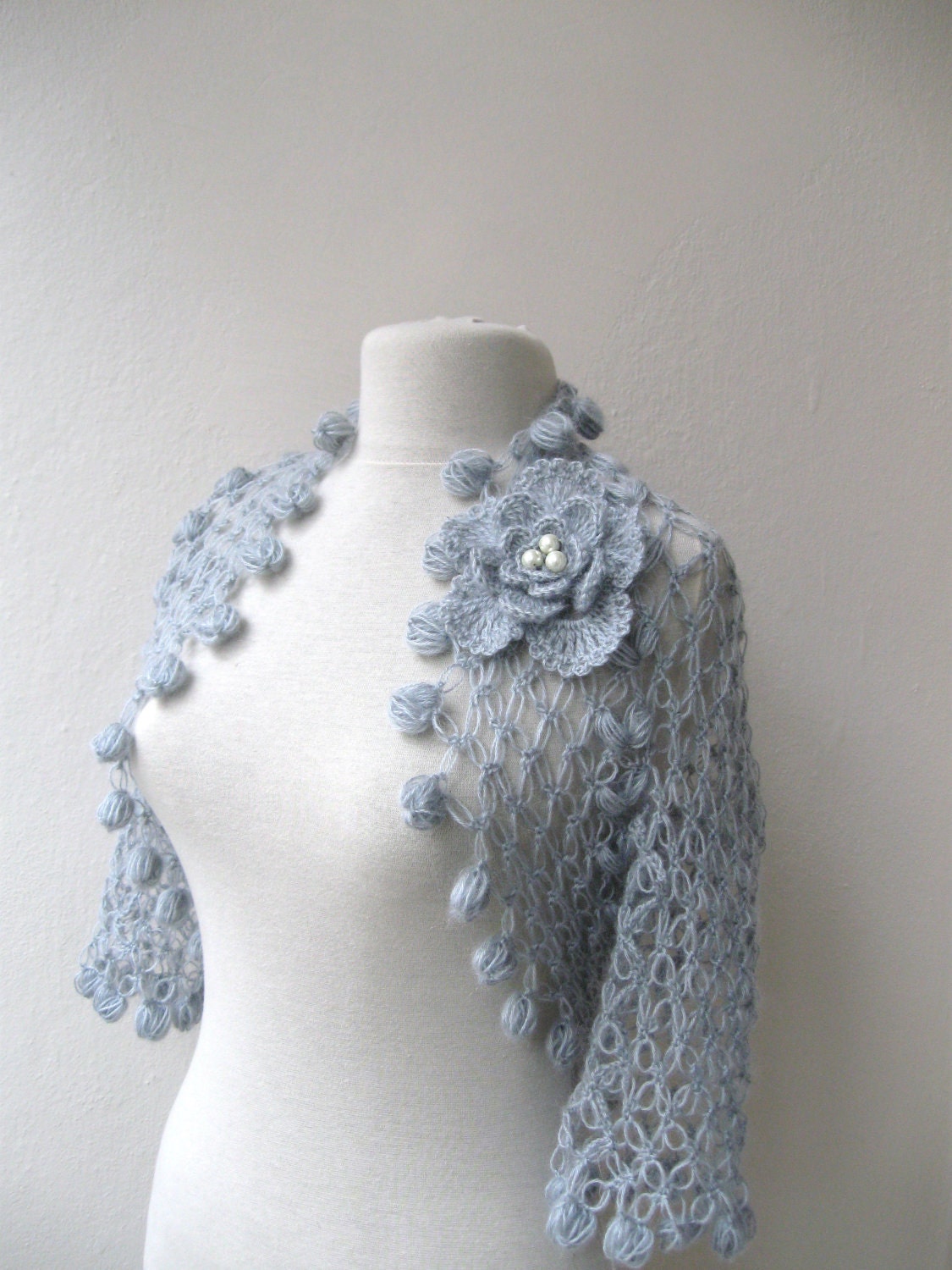 Shrug bolero jacket with flower brooch-light grey mohair-weddings bridal bridesmaids bride fashion-spring summer