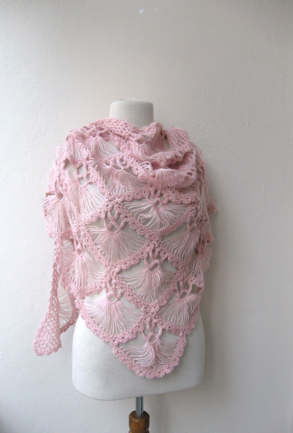 Hand crochet triangle lace shawl wrap in PINK Holiday Valentine Wedding Bride Bridesmaid - ready to ship