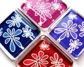 Glass magnets - Set of 4 Mod Flower Blossoms in Blue, Magenta, Violet and Red