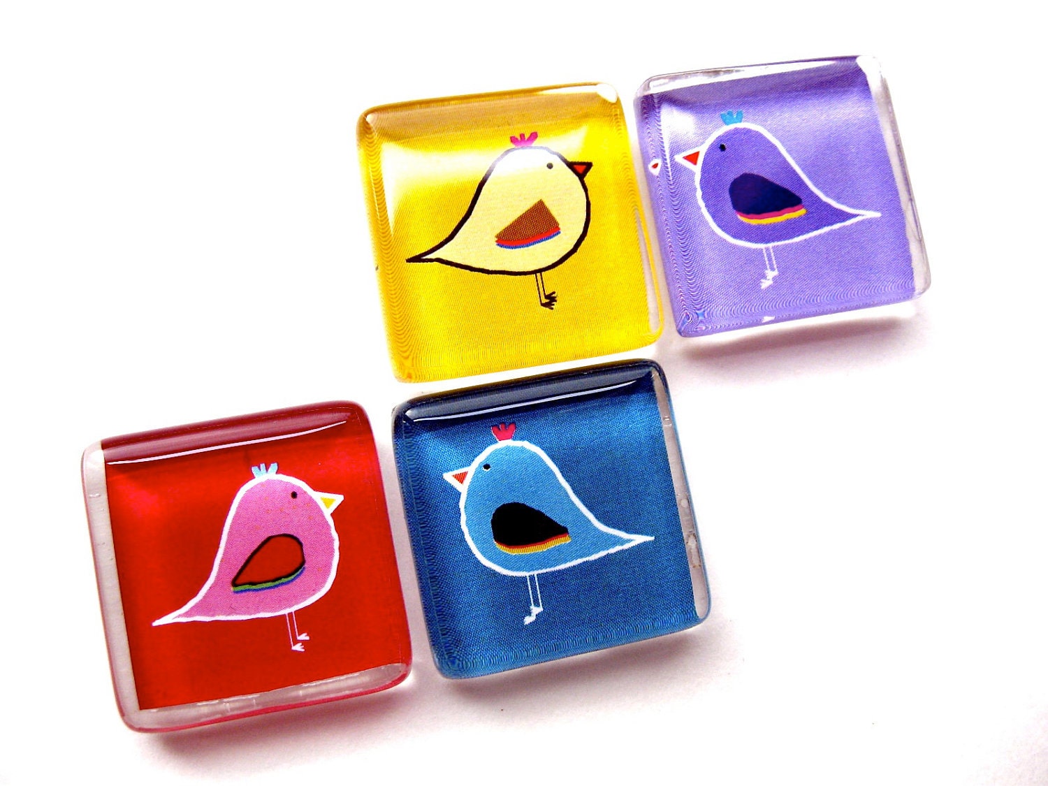 Glass magnets - Set of 4 Mod Birds in Pink, Blue, Yellow and Lavender