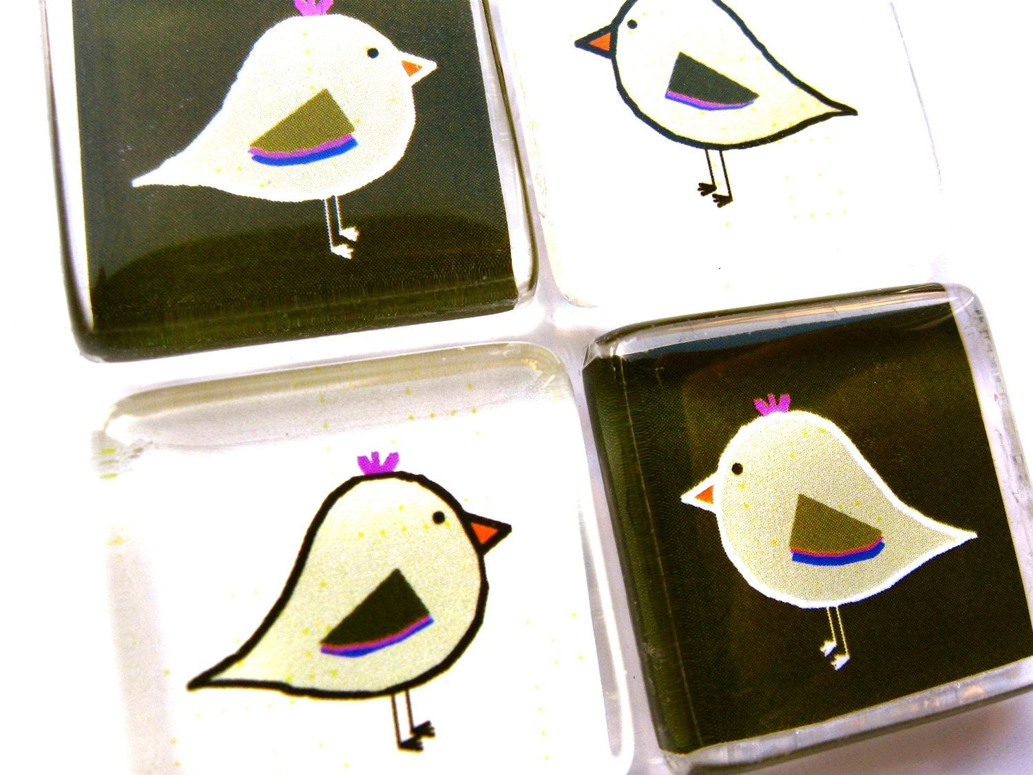 Set of 4 Folk-art Bird Magnets in Brown and Beige