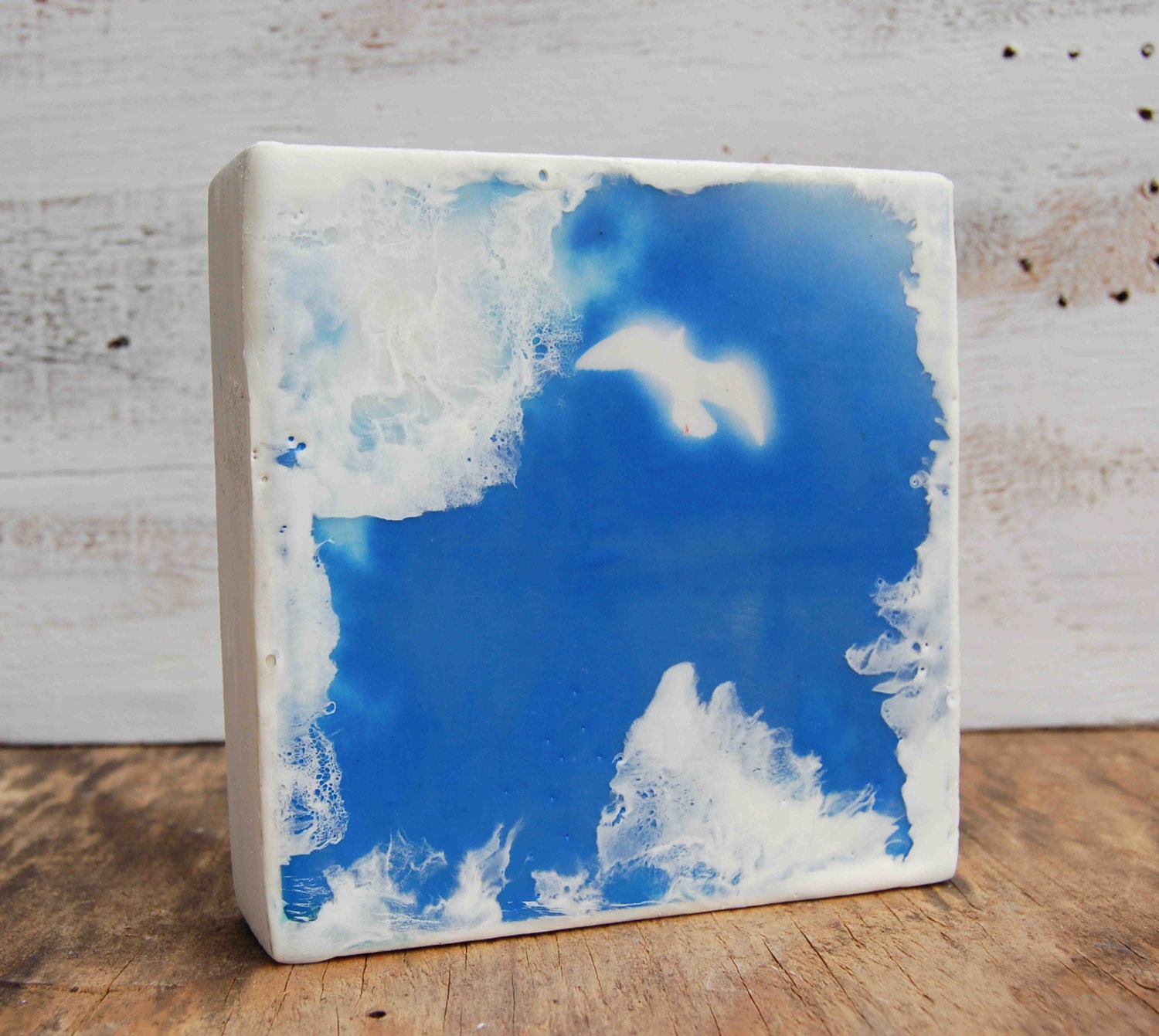 Summer Seagull Encaustic Photo Painting White Bird Clouds Blue Sky
