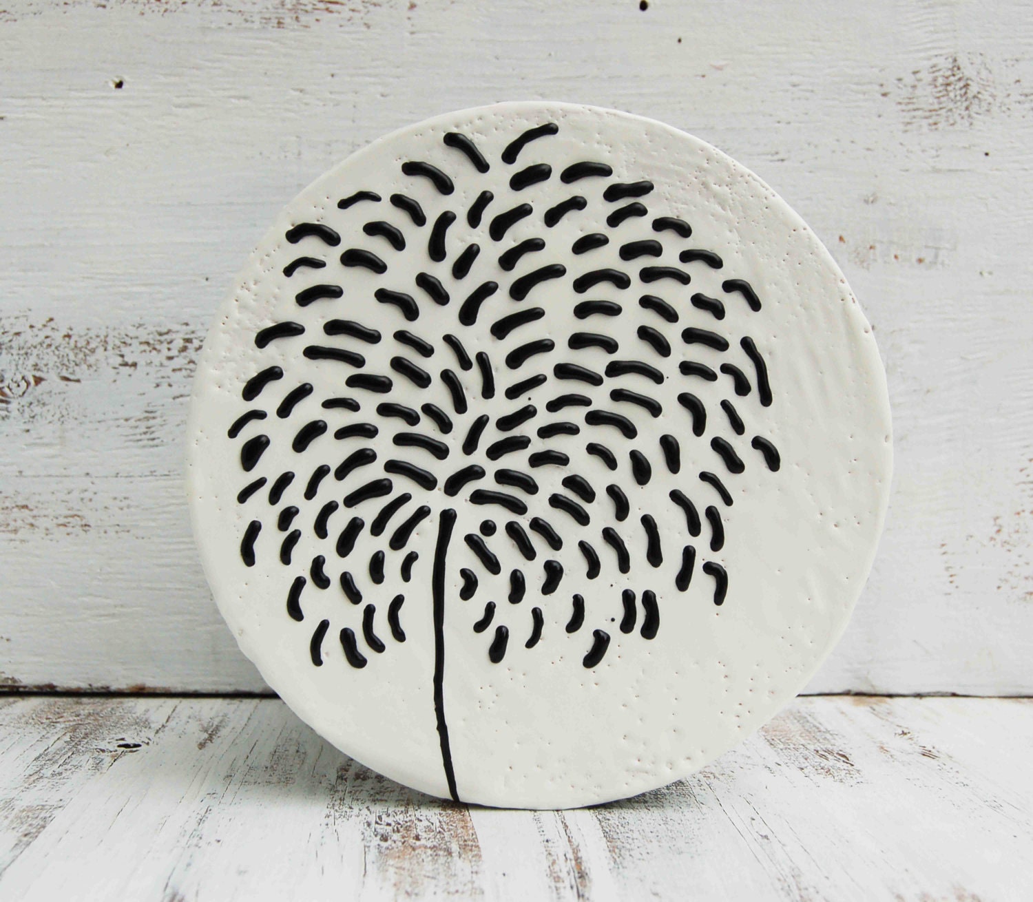 BLACK Dahlia Original Encaustic Round Wood Painting Black & White
