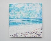 BEACH  Original Encaustic Mixed Media Painting Shells Ocean Waves Sky Summer Art